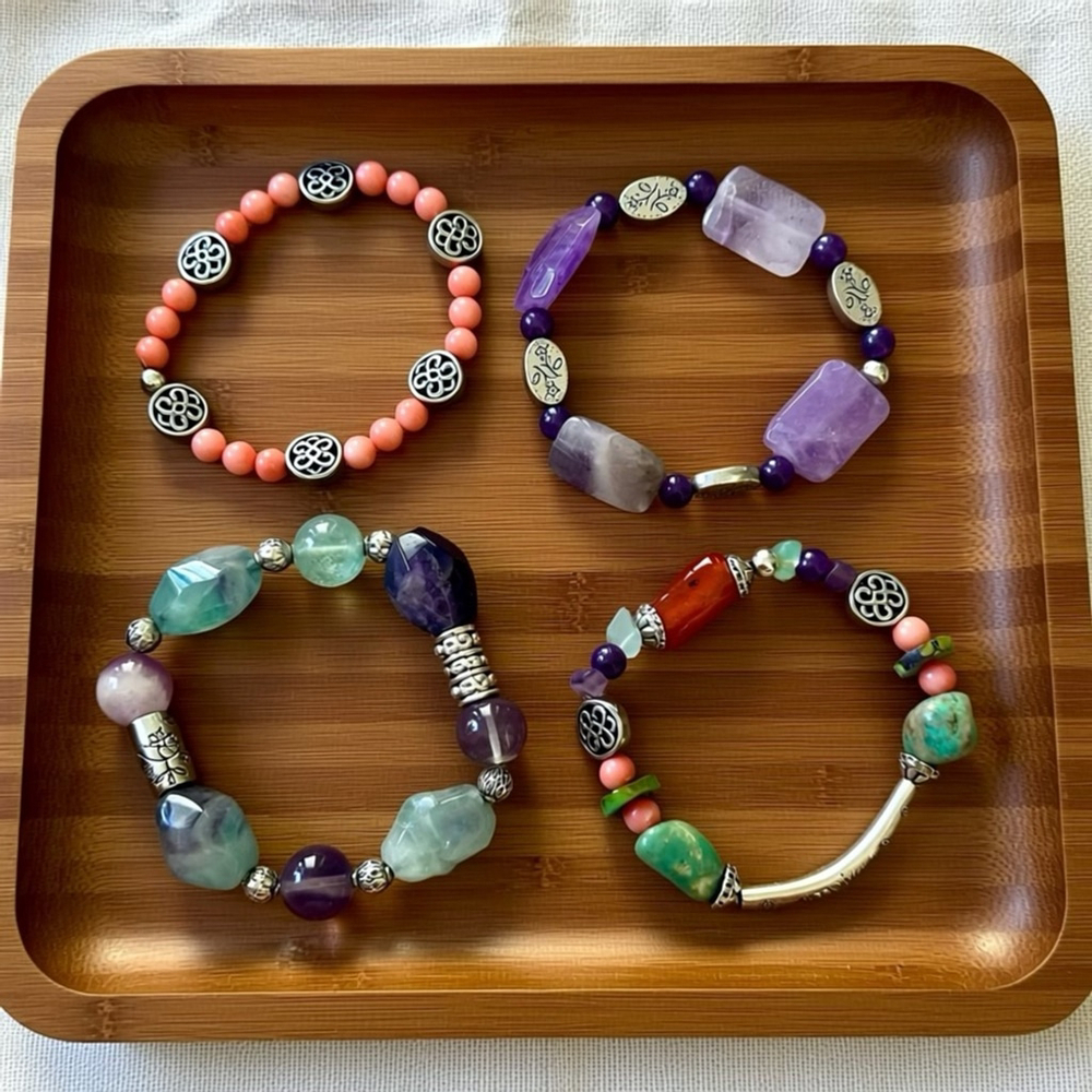 Boho Gemstone Crystal Bracelet Stack Set of 4 Amethyst Fluorite Silver Artisan